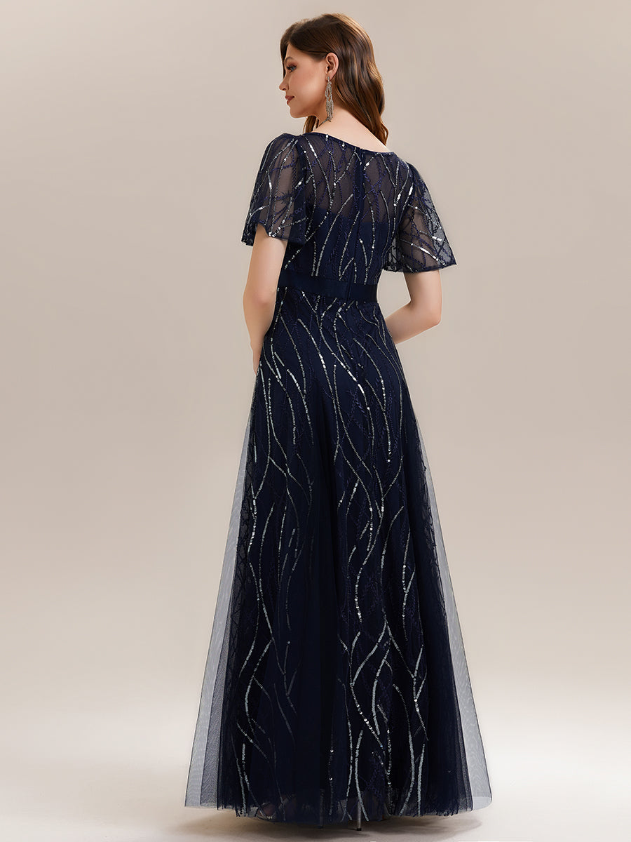 Robe longue à manches courtes avec volants sequins décolleté en V forme A #Couleur_Bleu Marine