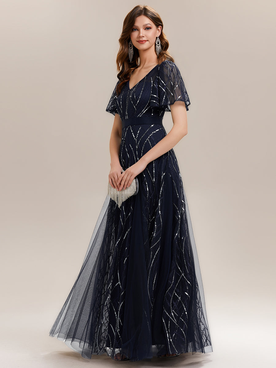 Robe longue à manches courtes avec volants sequins décolleté en V forme A #Couleur_Bleu Marine