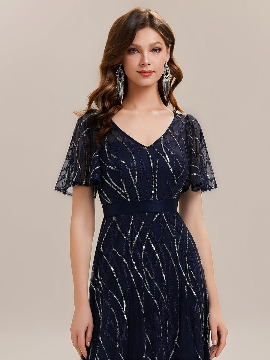 Robe longue à manches courtes avec volants sequins décolleté en V forme A #Couleur_Bleu Marine