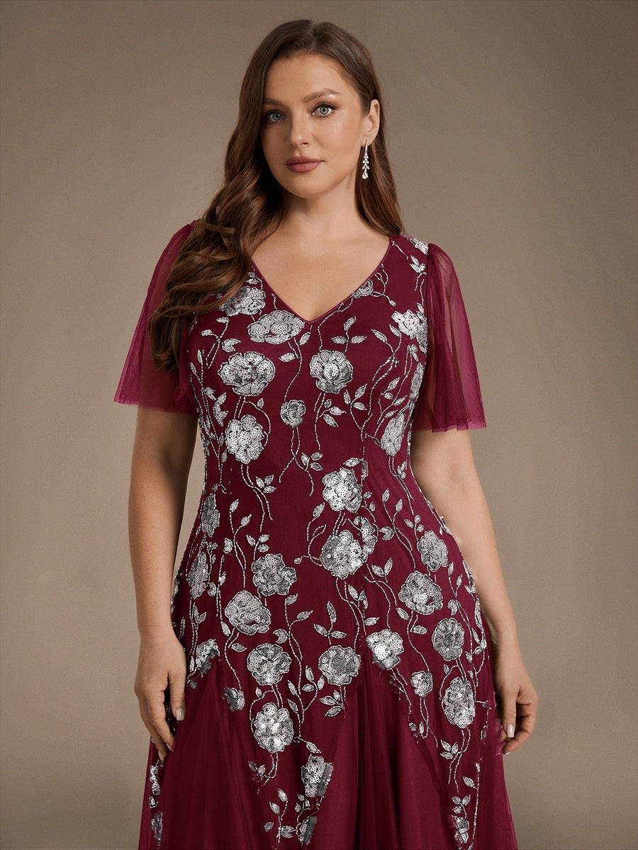Robe longue à manches courtes en sequins avec volants et décolleté en V #Couleur_Bordeaux