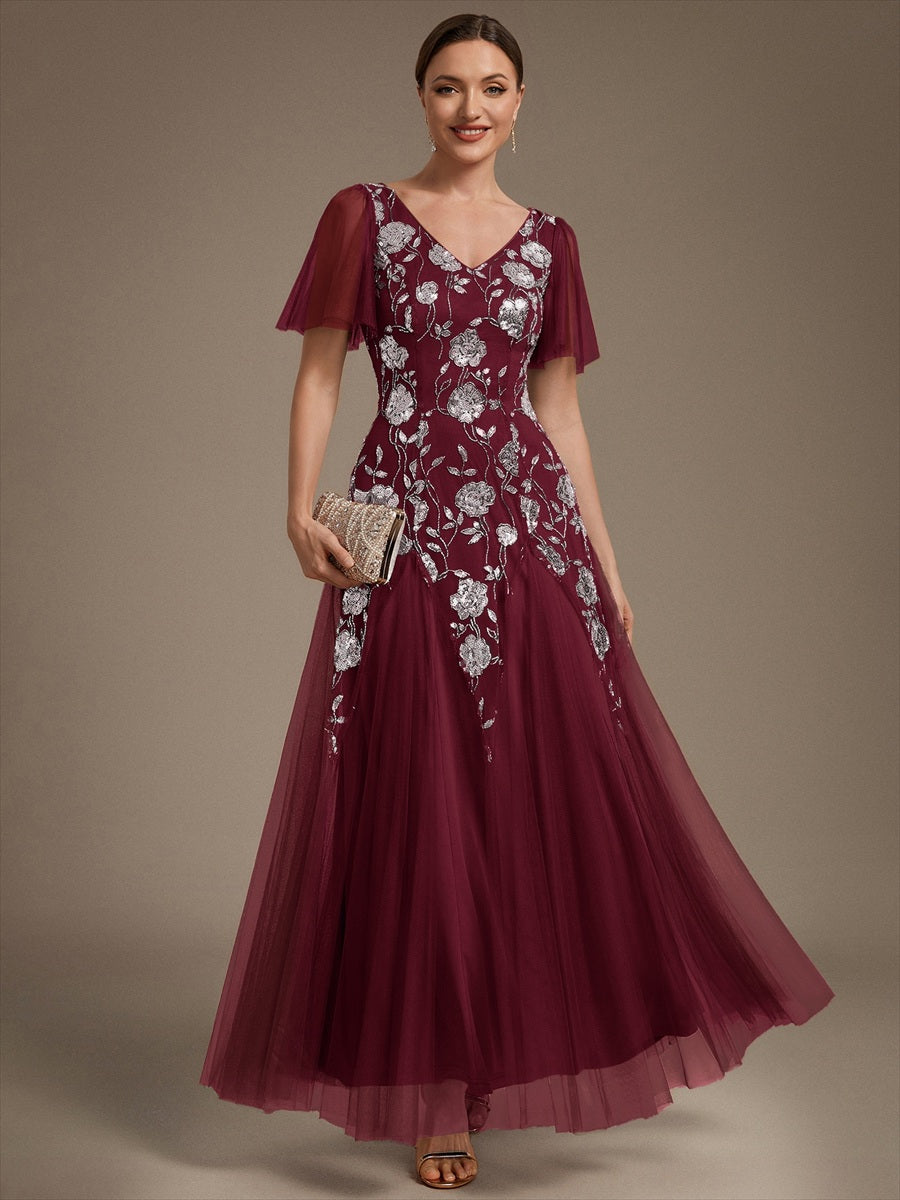 Robe longue à manches courtes en sequins avec volants et décolleté en V #Couleur_Bordeaux