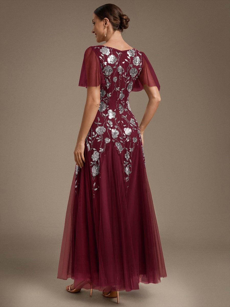 Robe longue à manches courtes en sequins avec volants et décolleté en V #Couleur_Bordeaux