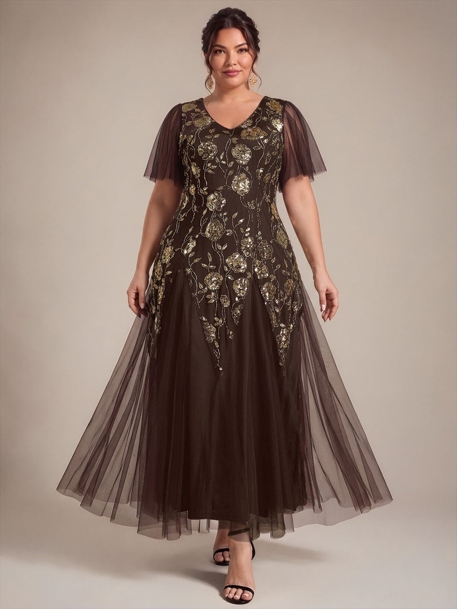 Robe longue à manches courtes en sequins avec volants et décolleté en V #Couleur_Marron chocolat