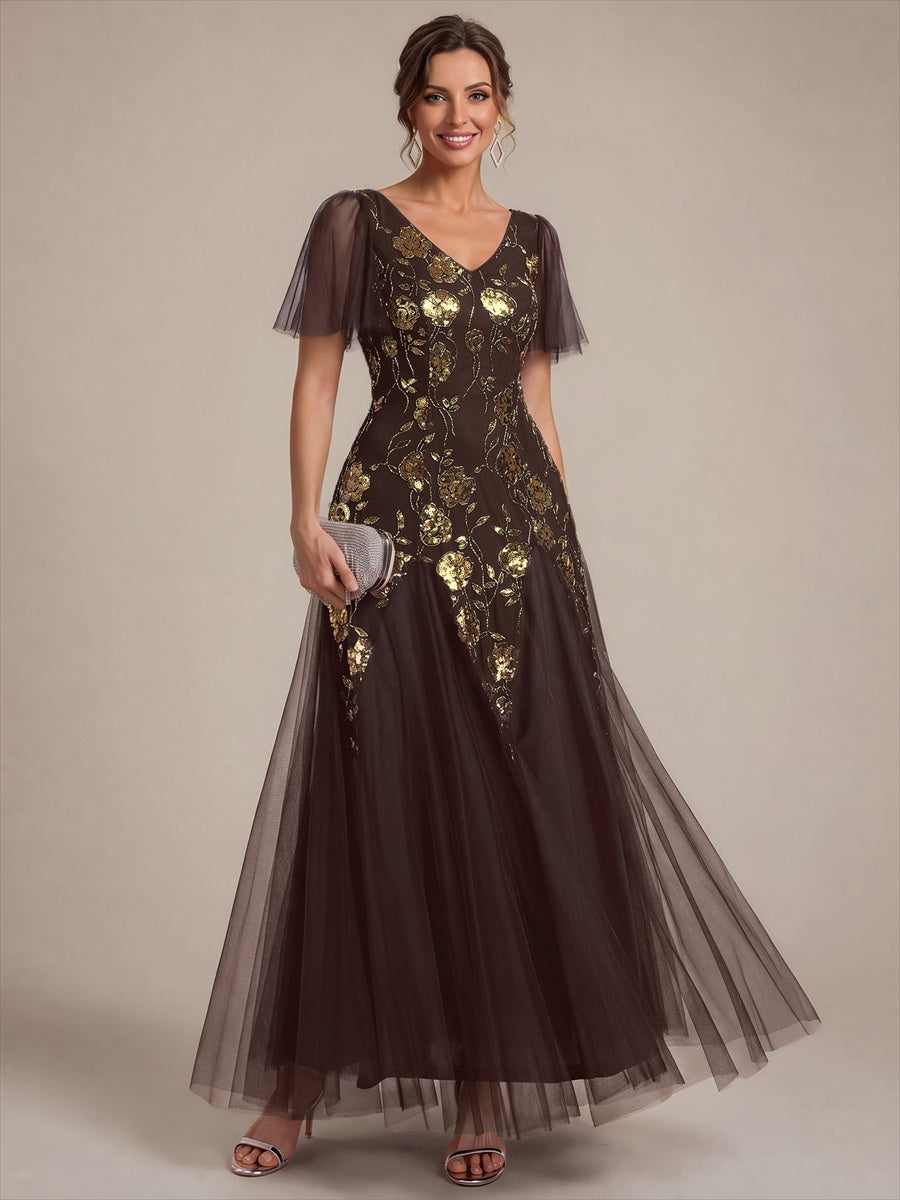 Robe longue à manches courtes en sequins avec volants et décolleté en V #Couleur_Marron chocolat