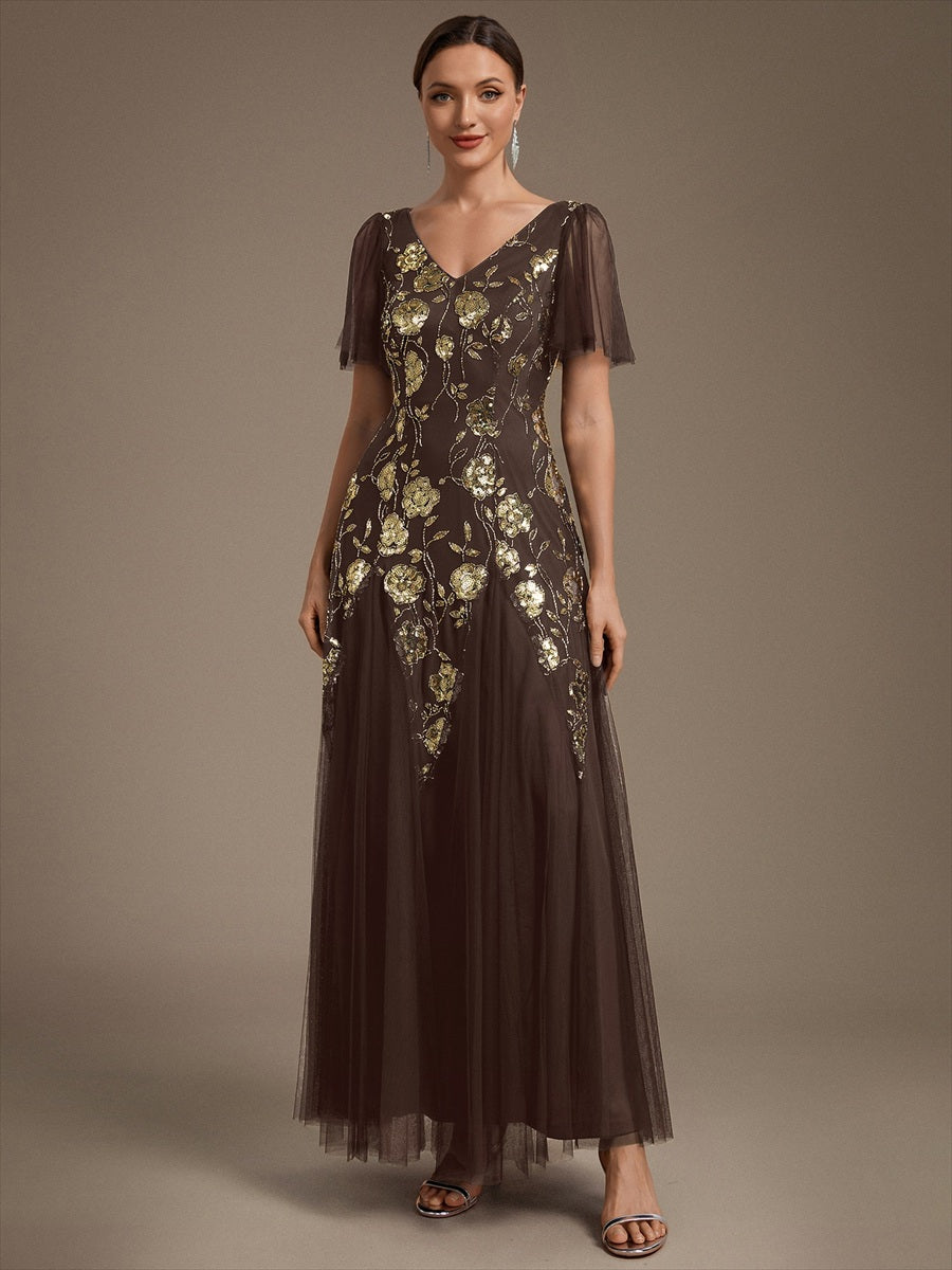 Robe longue à manches courtes en sequins avec volants et décolleté en V #Couleur_Marron chocolat