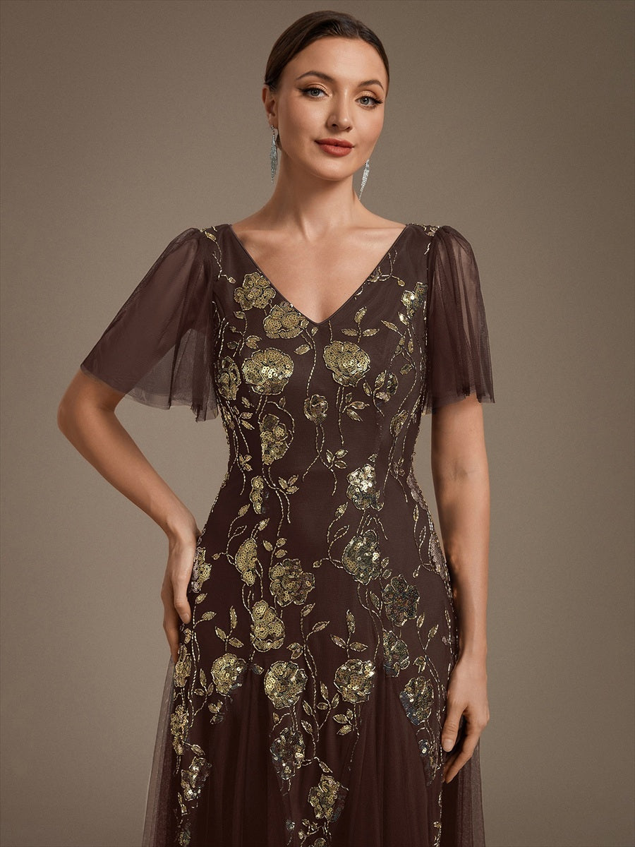 Robe longue à manches courtes en sequins avec volants et décolleté en V #Couleur_Marron chocolat