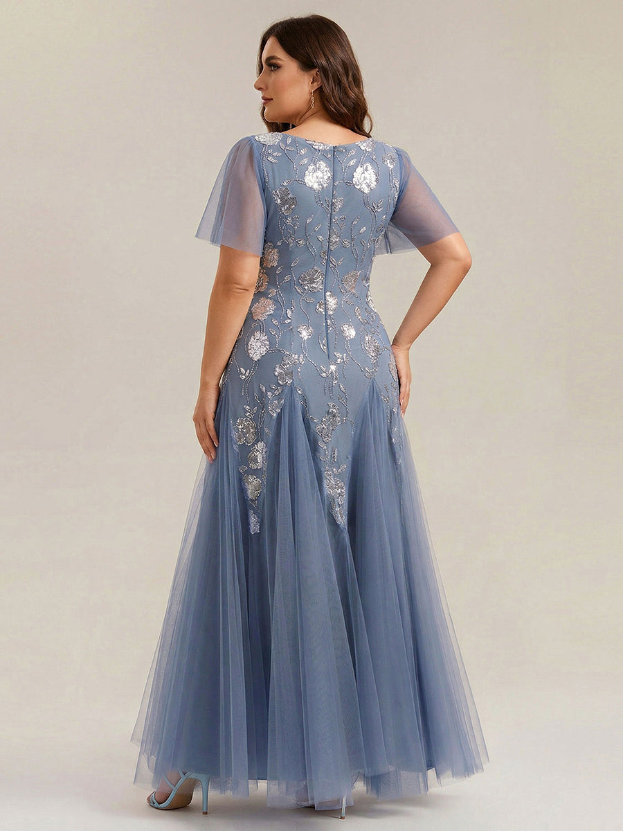 Robe longue à manches courtes en sequins avec volants et décolleté en V #Couleur_Marine Fume