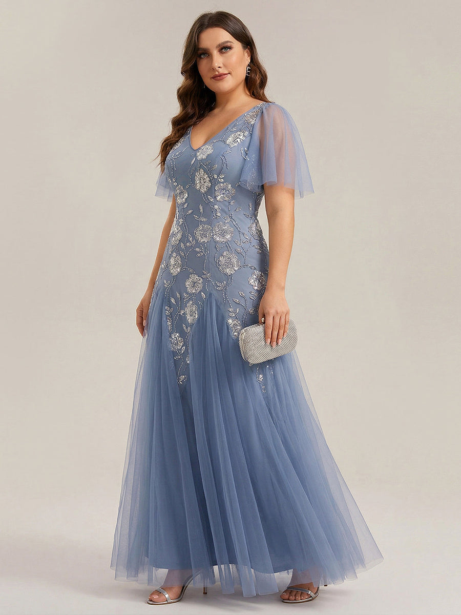 Robe longue à manches courtes en sequins avec volants et décolleté en V #Couleur_Marine Fume