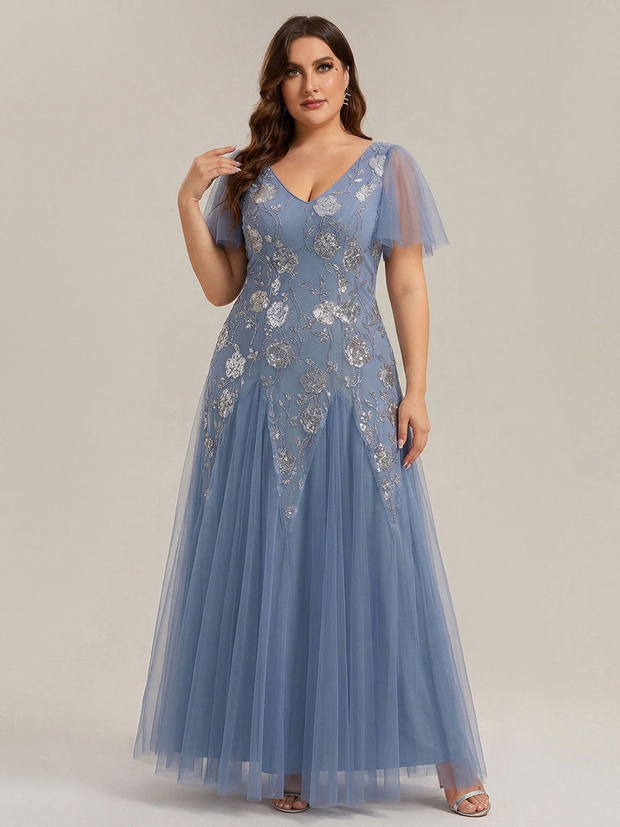 Robe longue à manches courtes en sequins avec volants et décolleté en V #Couleur_Marine Fume