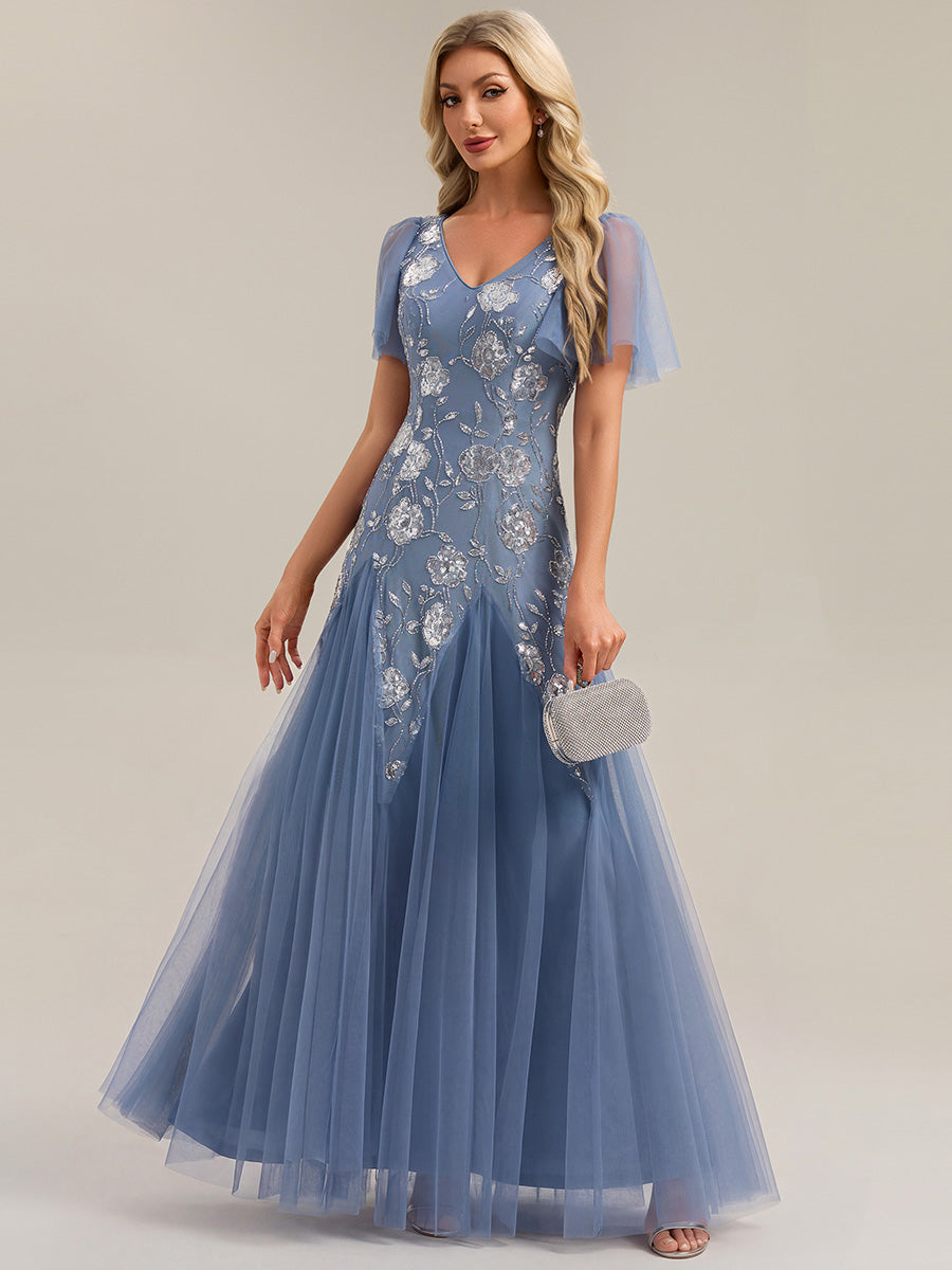 Robe longue à manches courtes en sequins avec volants et décolleté en V #Couleur_Marine Fume