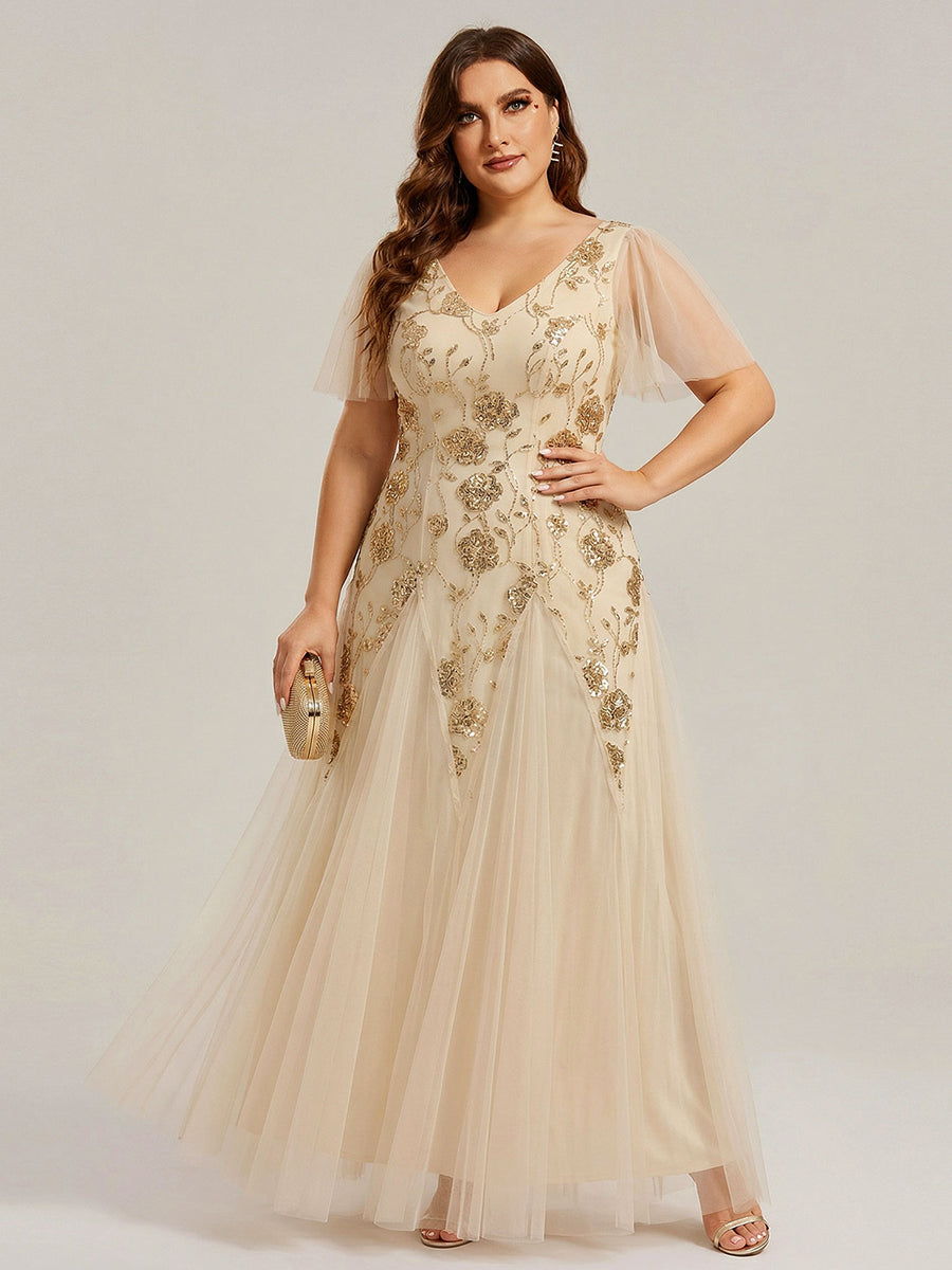 Robe longue à manches courtes en sequins avec volants et décolleté en V #Couleur_Dorée