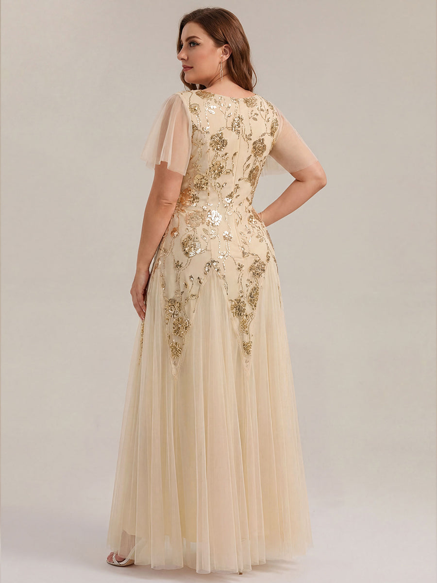 Robe longue à manches courtes en sequins avec volants et décolleté en V #Couleur_Dorée