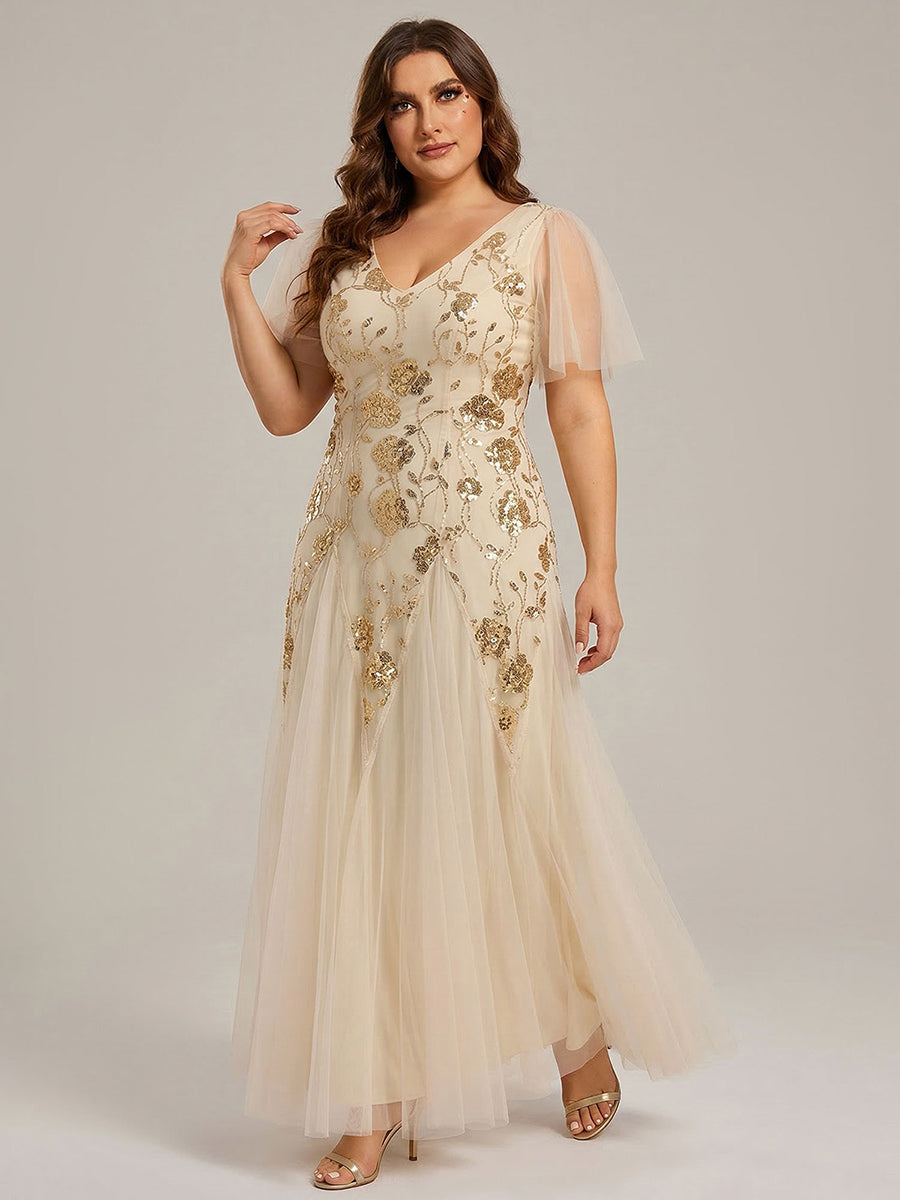 Robe longue à manches courtes en sequins avec volants et décolleté en V #Couleur_Dorée