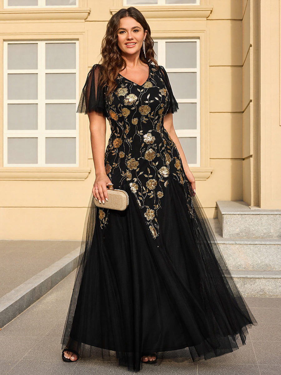 Robe longue à manches courtes en sequins avec volants et décolleté en V #Couleur_Noir & Or