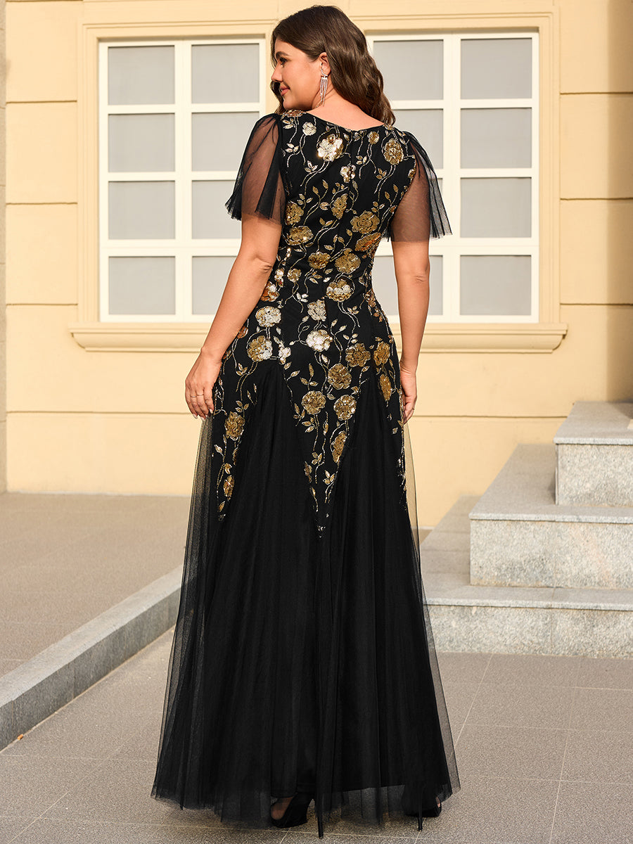 Robe longue à manches courtes en sequins avec volants et décolleté en V #Couleur_Noir & Or