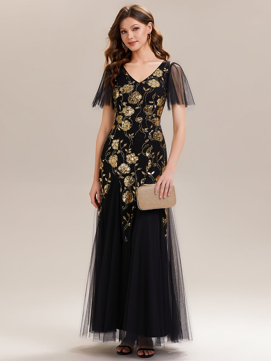 Robe longue à manches courtes en sequins avec volants et décolleté en V #Couleur_Noir & Or