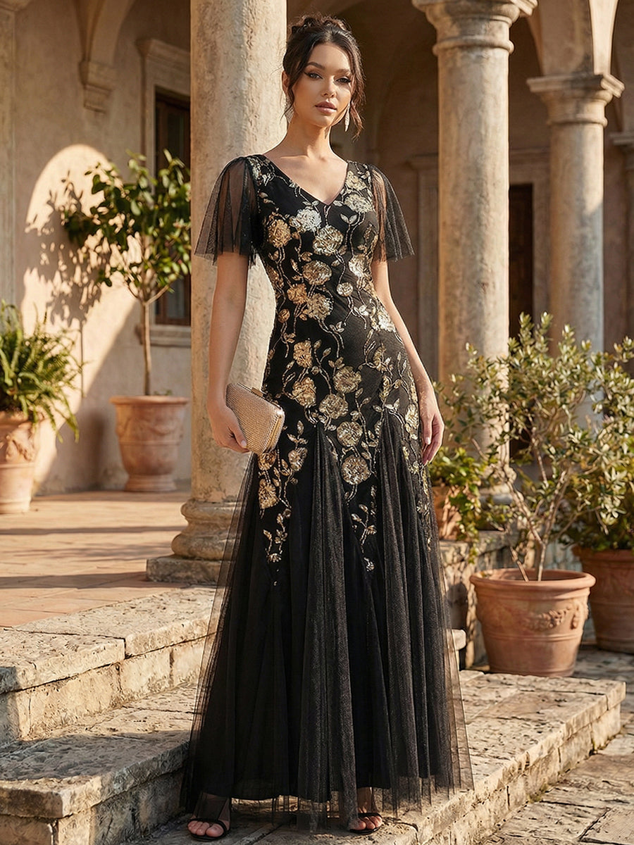 Robe longue à manches courtes en sequins avec volants et décolleté en V #Couleur_Noir & Or