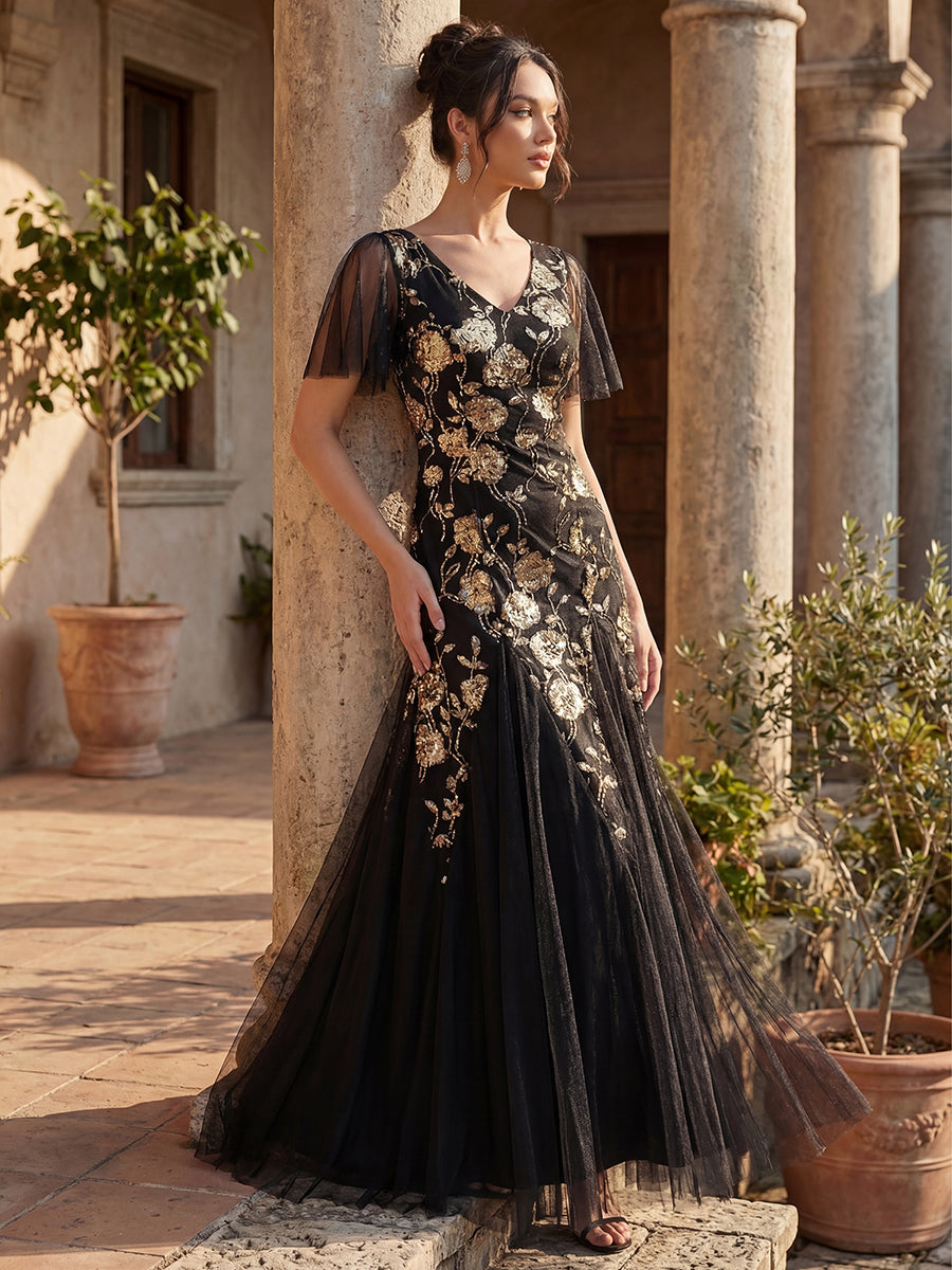 Robe longue à manches courtes en sequins avec volants et décolleté en V #Couleur_Noir & Or