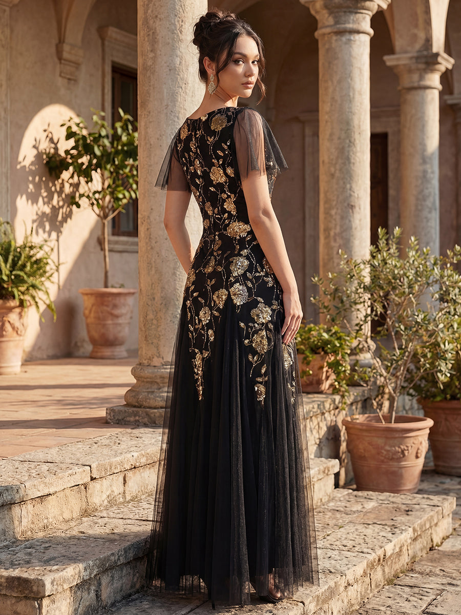 Robe longue à manches courtes en sequins avec volants et décolleté en V #Couleur_Noir & Or