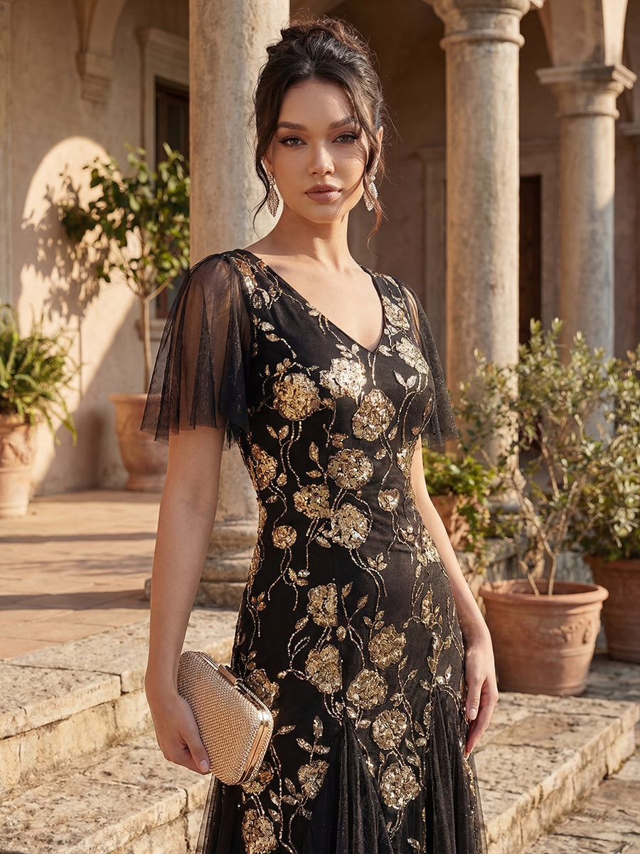 Robe longue à manches courtes en sequins avec volants et décolleté en V #Couleur_Noir & Or