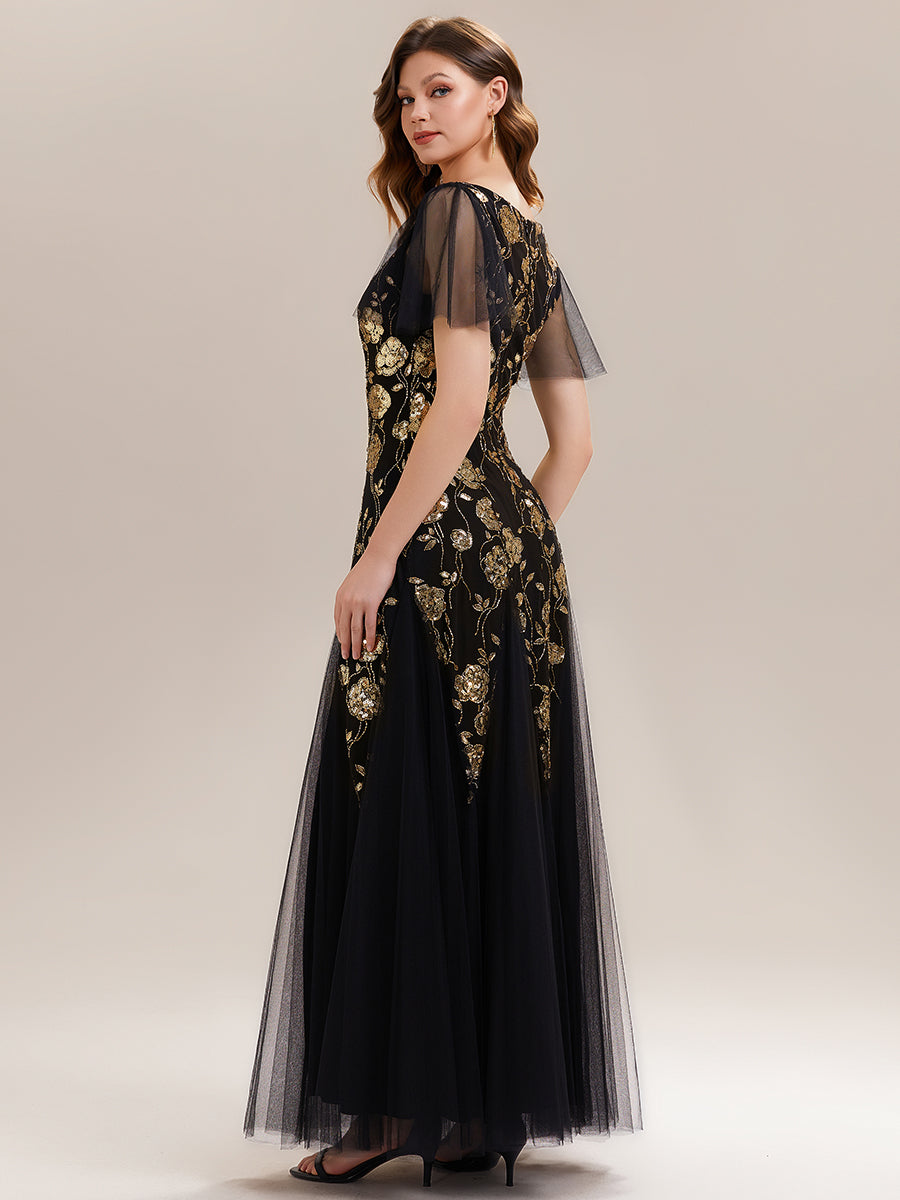 Robe longue à manches courtes en sequins avec volants et décolleté en V #Couleur_Noir & Or