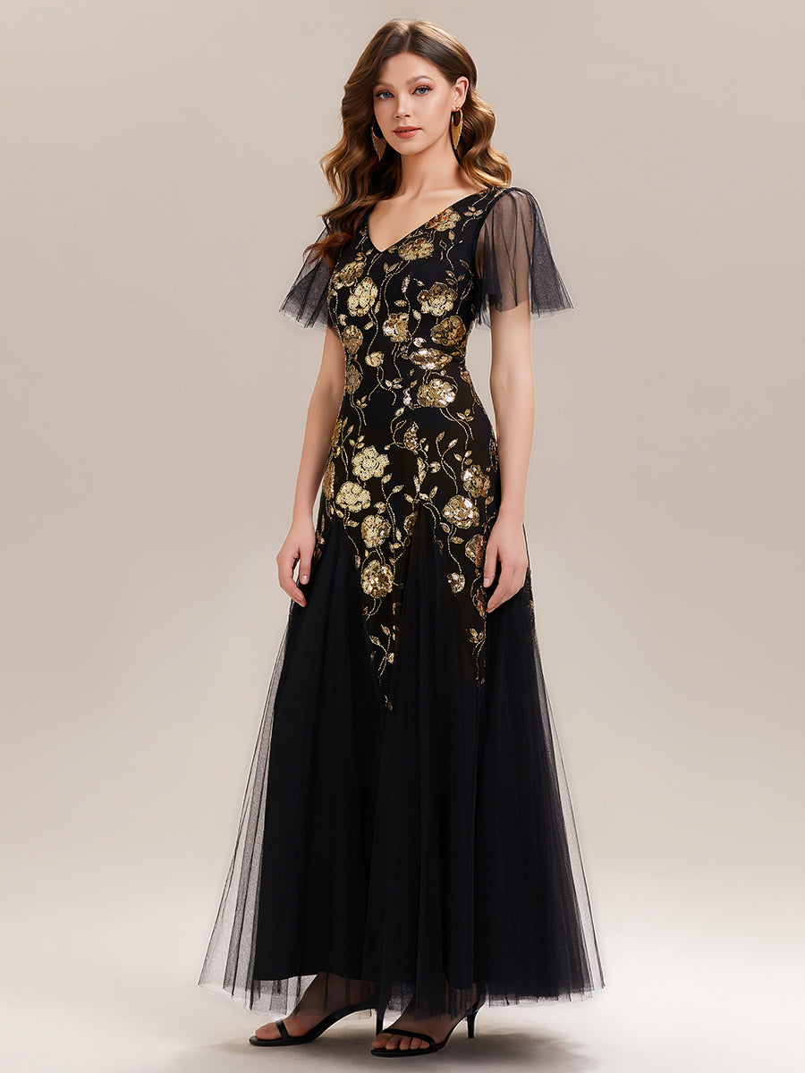 Robe longue à manches courtes en sequins avec volants et décolleté en V #Couleur_Noir & Or
