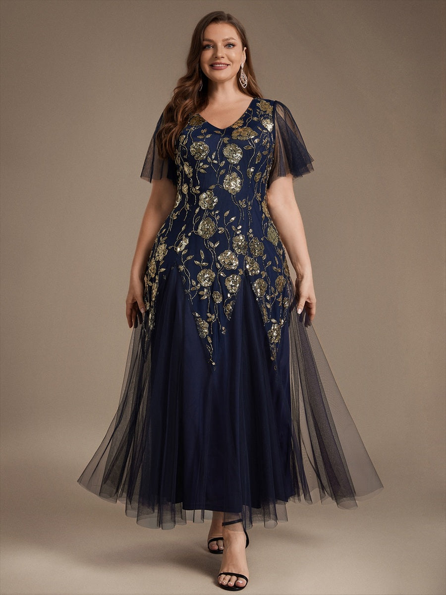 Robe longue à manches courtes en sequins avec volants et décolleté en V #Couleur_Bleu Marine