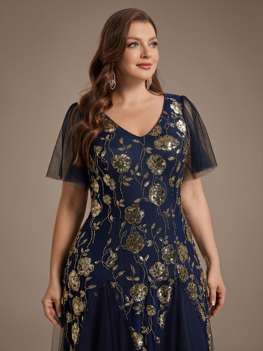 Robe longue à manches courtes en sequins avec volants et décolleté en V #Couleur_Bleu Marine