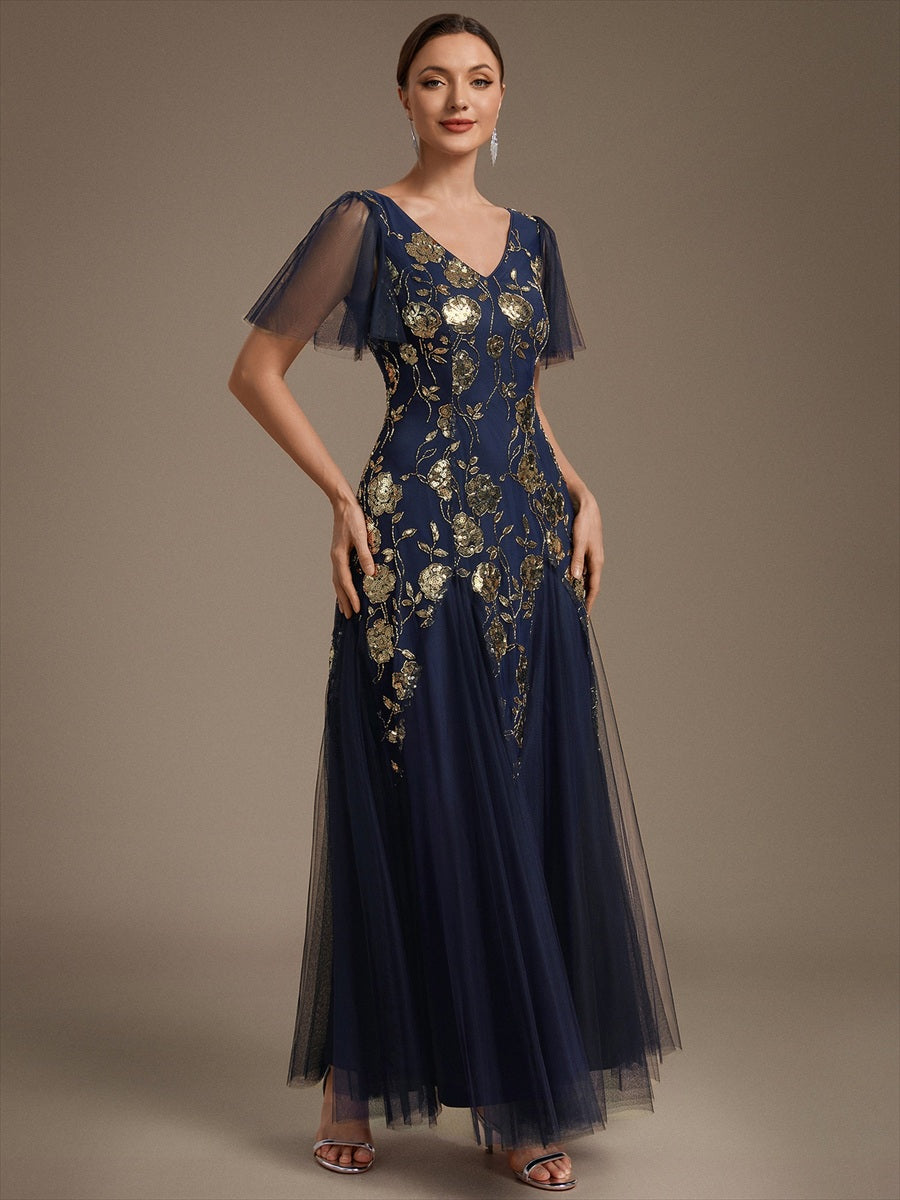Robe longue à manches courtes en sequins avec volants et décolleté en V #Couleur_Bleu Marine