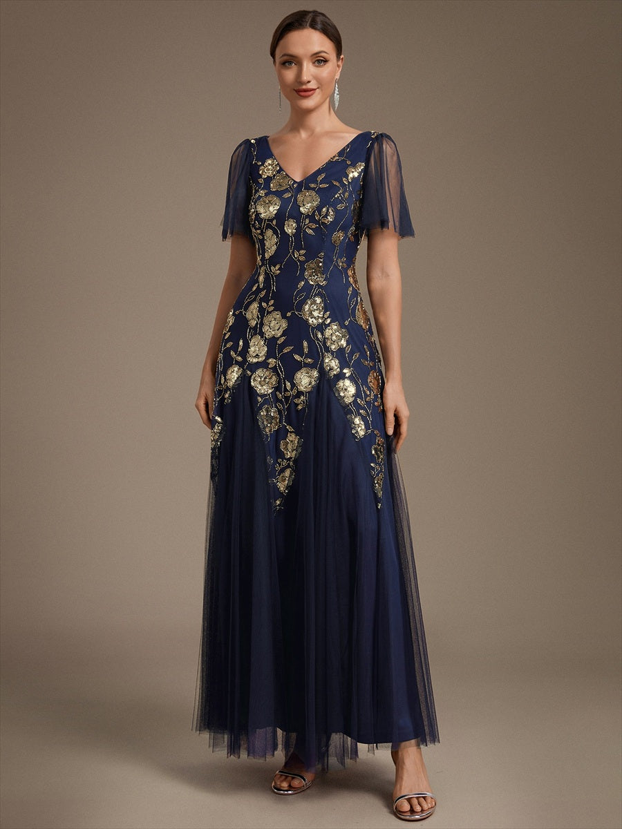 Robe longue à manches courtes en sequins avec volants et décolleté en V #Couleur_Bleu Marine