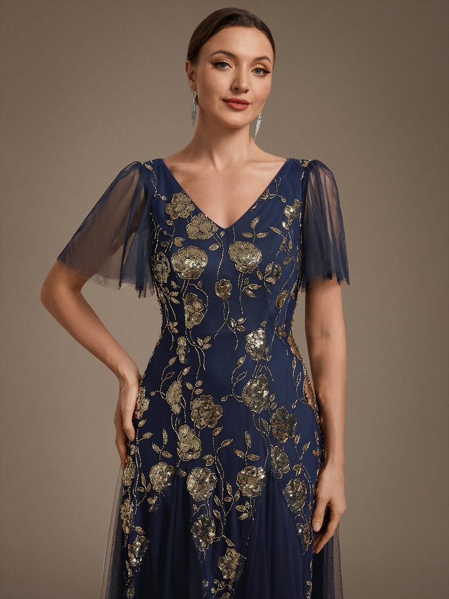 Robe longue à manches courtes en sequins avec volants et décolleté en V #Couleur_Bleu Marine