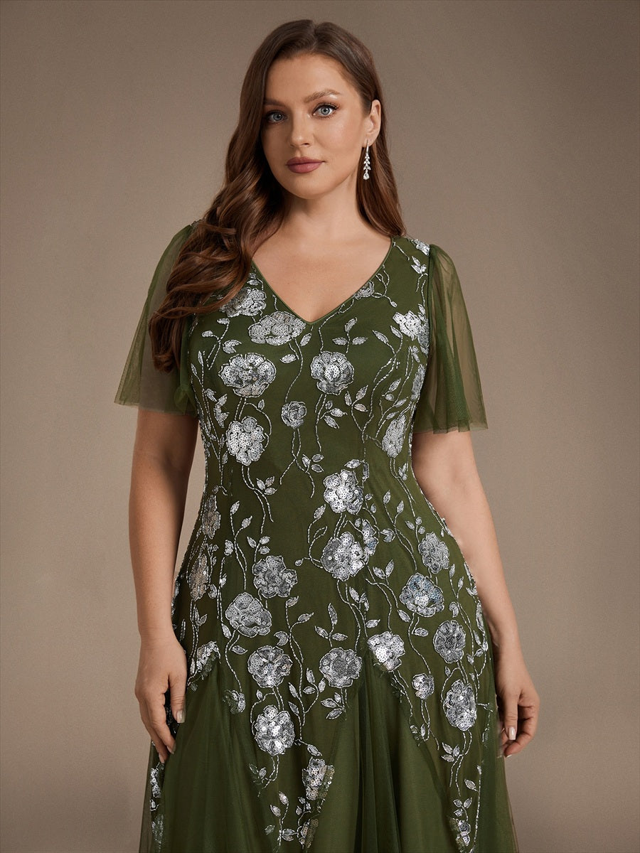 Robe longue à manches courtes en sequins avec volants et décolleté en V #Couleur_Vert Olive
