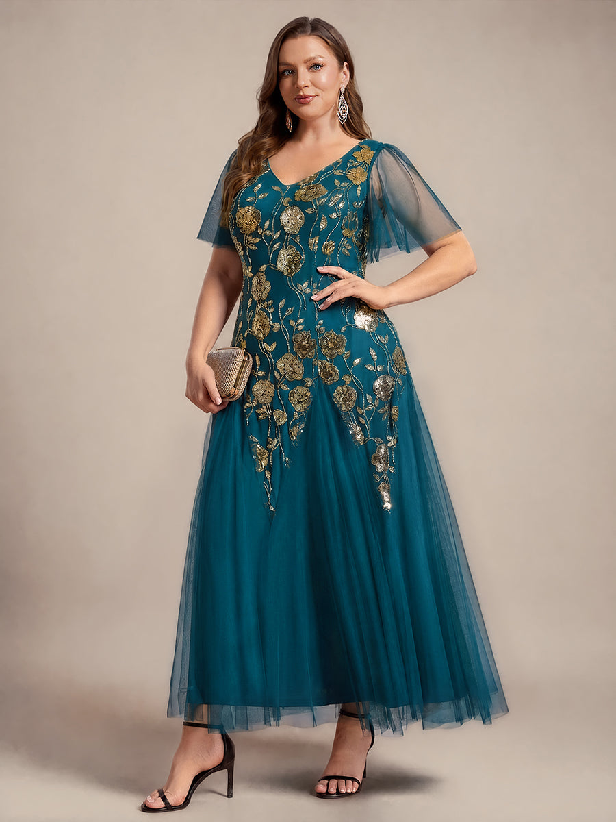 Robe longue à manches courtes en sequins avec volants et décolleté en V #Couleur_Bleu Sarcelle