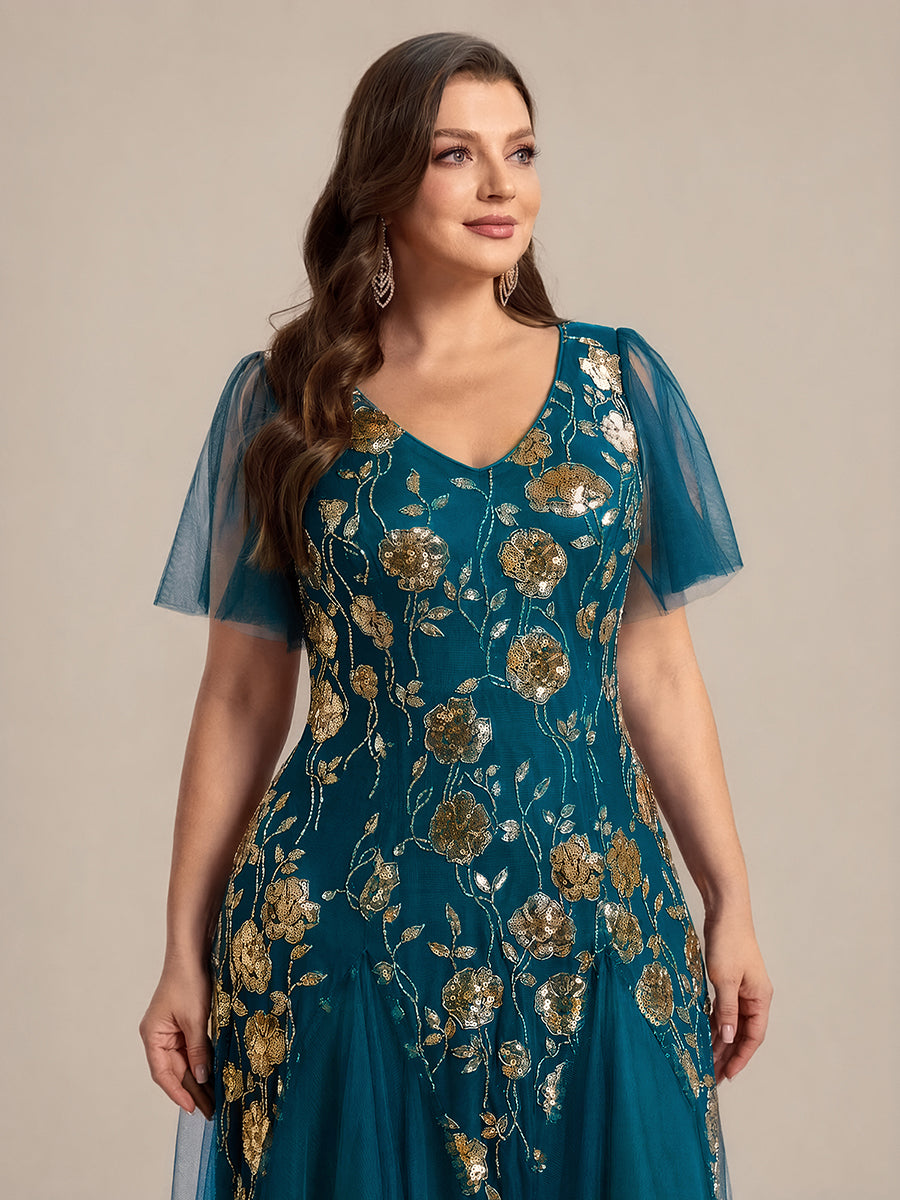 Robe longue à manches courtes en sequins avec volants et décolleté en V #Couleur_Bleu Sarcelle