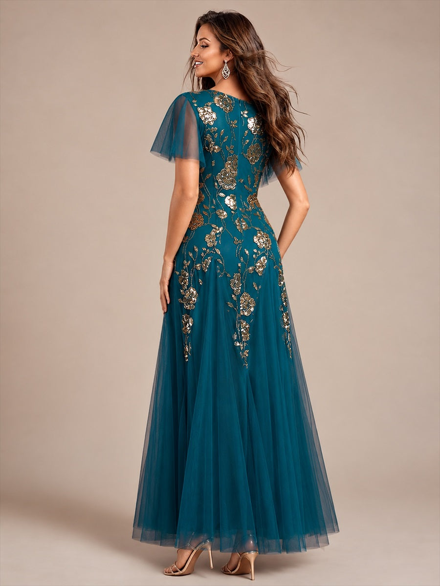 Robe longue à manches courtes en sequins avec volants et décolleté en V #Couleur_Bleu Sarcelle