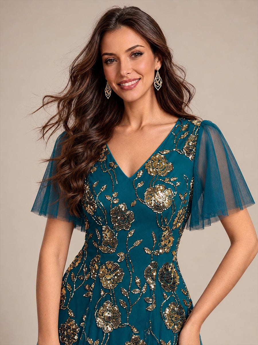 Robe longue à manches courtes en sequins avec volants et décolleté en V #Couleur_Bleu Sarcelle
