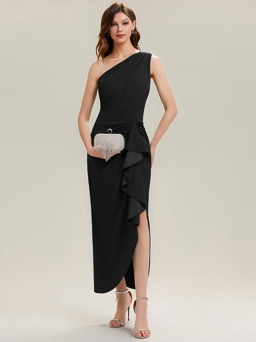 Robe moulante sans manches à épaule dénudée en tissu extensible avec fente haute et détails volants #Couleur_Noir
