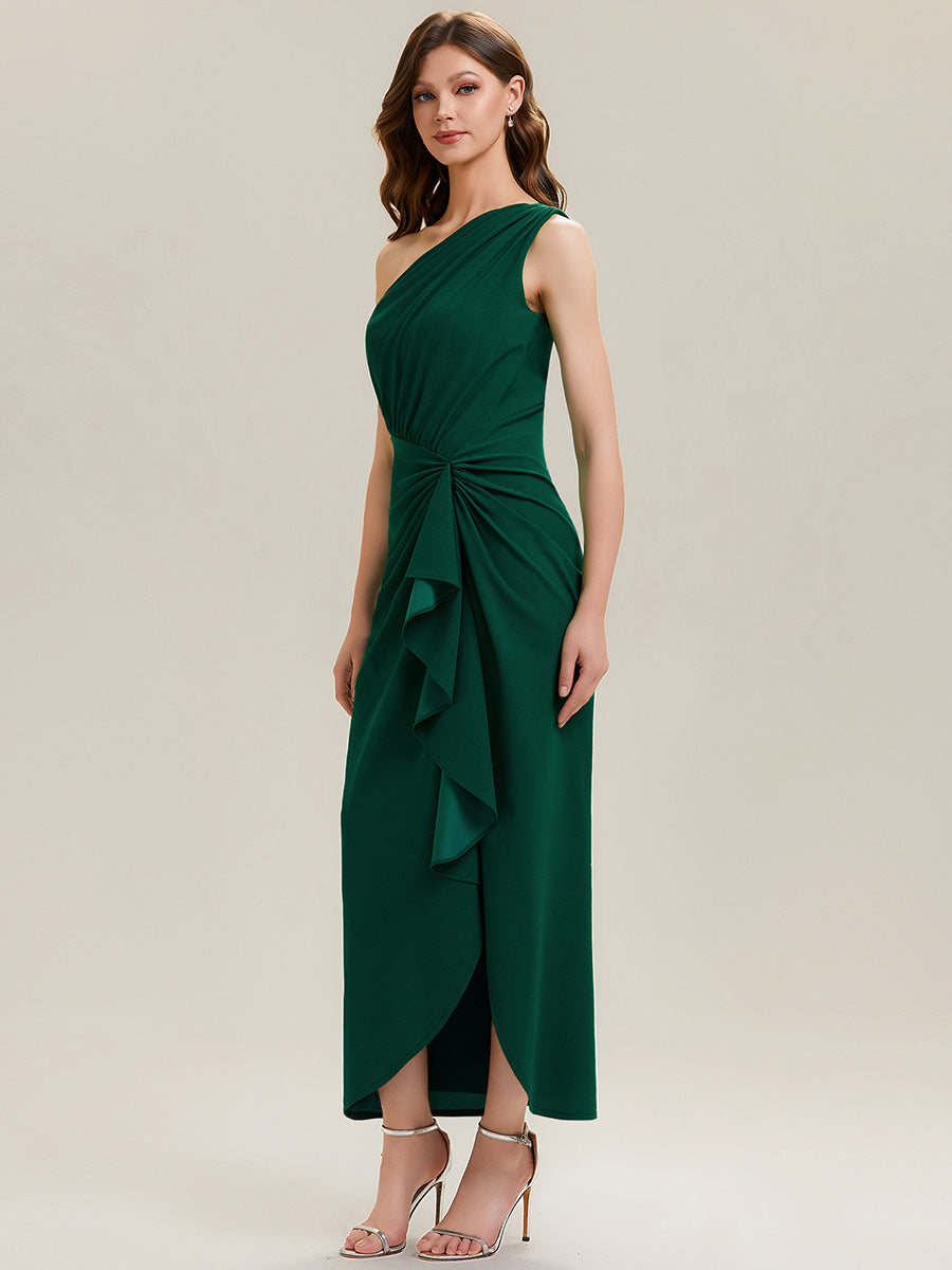 Robe moulante sans manches à épaule dénudée en tissu extensible avec fente haute et détails volants #Couleur_Vert Fonce