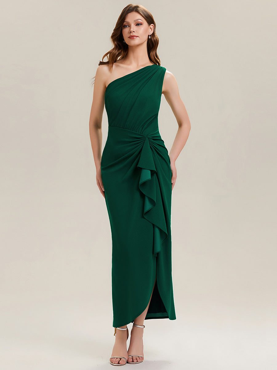 Robe moulante sans manches à épaule dénudée en tissu extensible avec fente haute et détails volants #Couleur_Vert Fonce