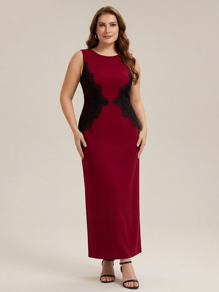 Robe maxi moulante sans bretelles en jersey extensible avec col rond et dentelle à frange #Couleur_Rouge Foncé