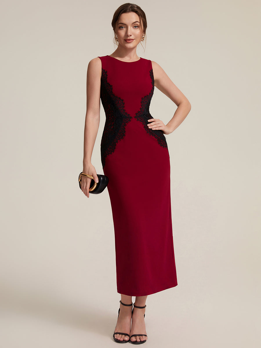Robe maxi moulante sans bretelles en jersey extensible avec col rond et dentelle à frange #Couleur_Rouge Foncé