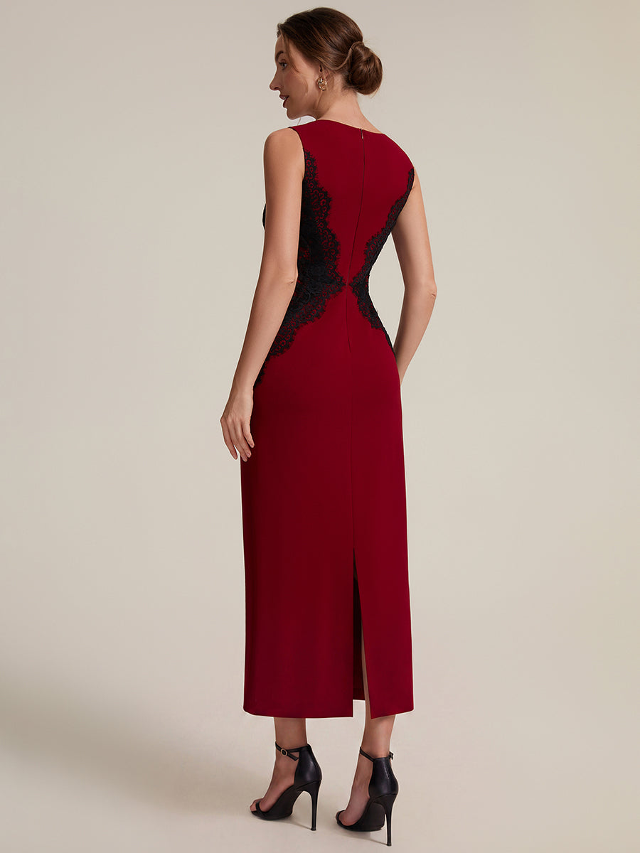 Robe maxi moulante sans bretelles en jersey extensible avec col rond et dentelle à frange #Couleur_Rouge Foncé