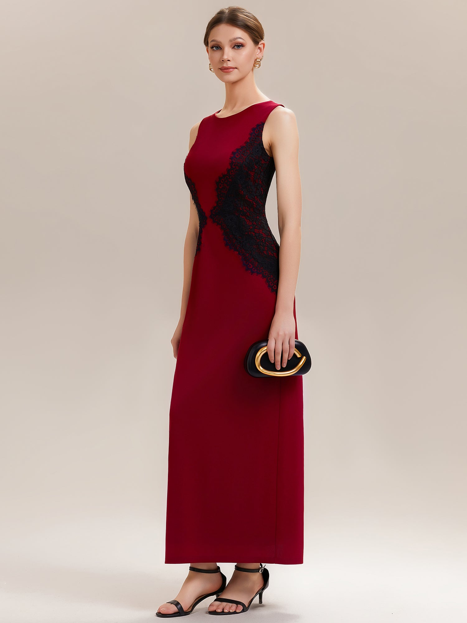 Robe maxi moulante sans bretelles en jersey extensible avec col rond et dentelle à frange #Couleur_Rouge Foncé