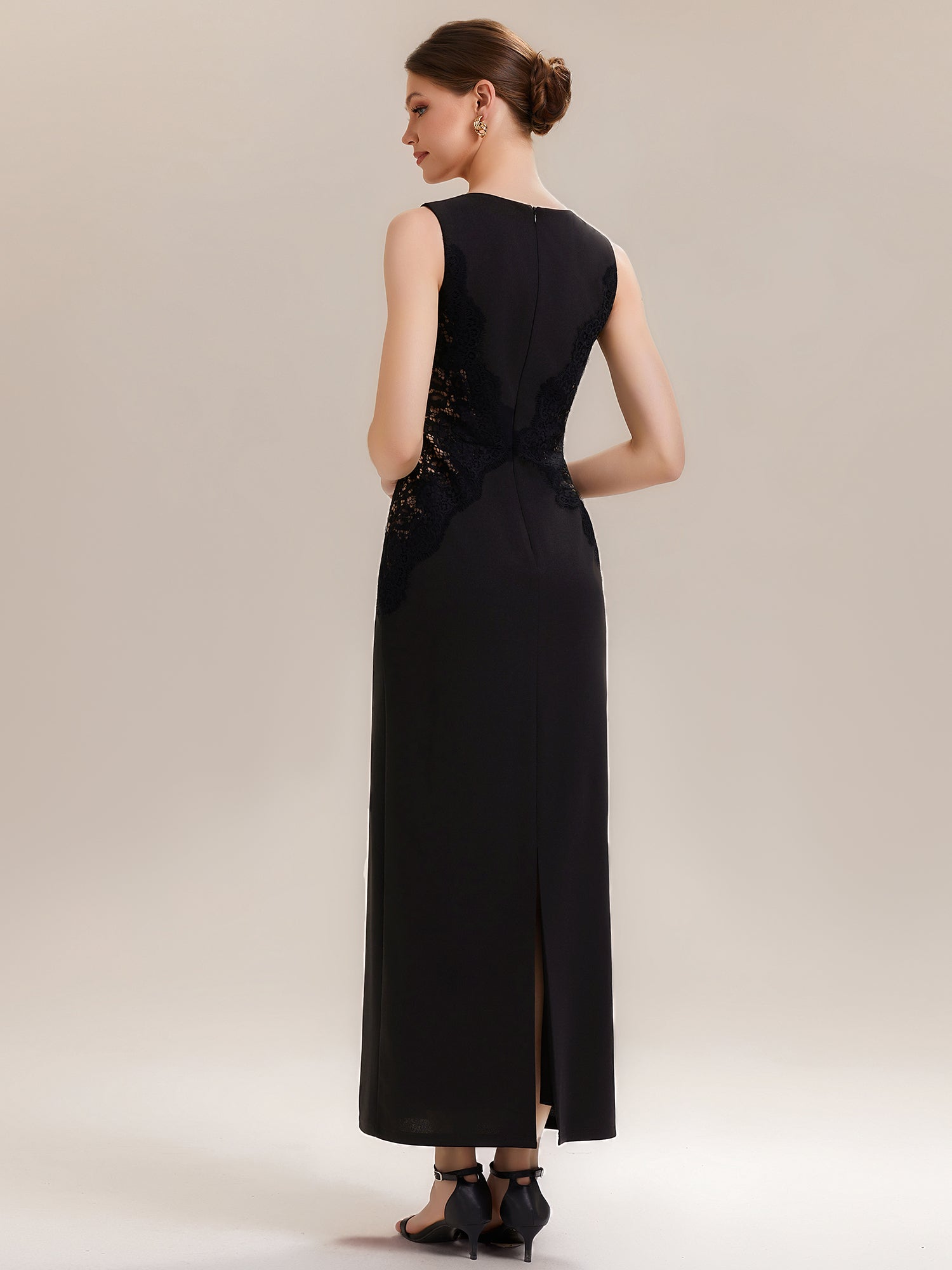 Robe maxi moulante sans bretelles en jersey extensible avec col rond et dentelle à frange #Couleur_Noir