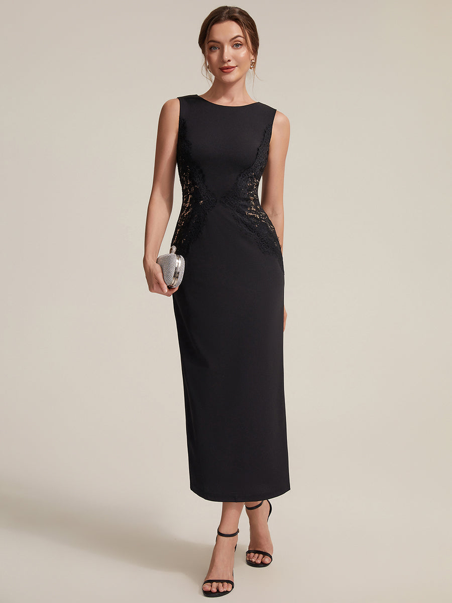 Robe maxi moulante sans bretelles en jersey extensible avec col rond et dentelle à frange #Couleur_Noir