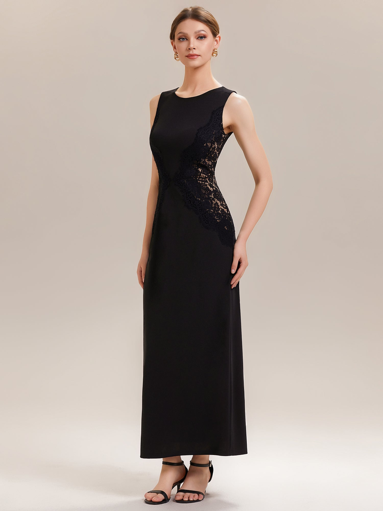 Robe maxi moulante sans bretelles en jersey extensible avec col rond et dentelle à frange #Couleur_Noir