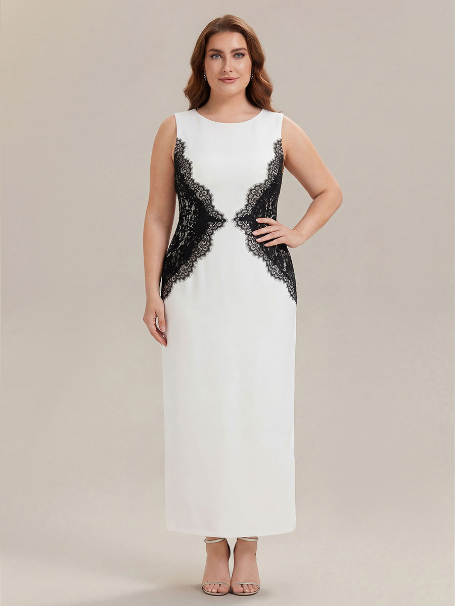 Robe maxi moulante sans bretelles en jersey extensible avec col rond et dentelle à frange #Couleur_Noir d'ivoire