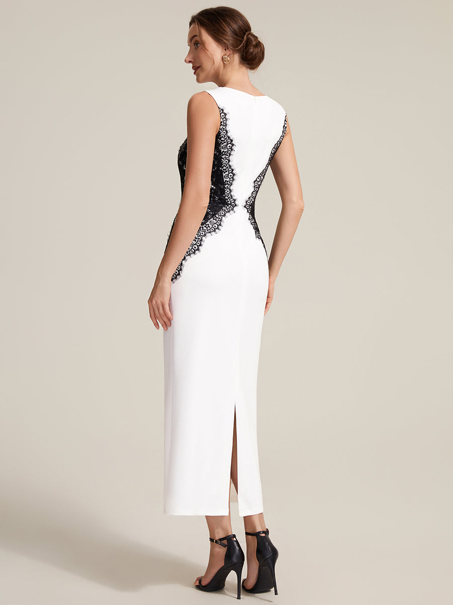 Robe maxi moulante sans bretelles en jersey extensible avec col rond et dentelle à frange #Couleur_Noir d'ivoire