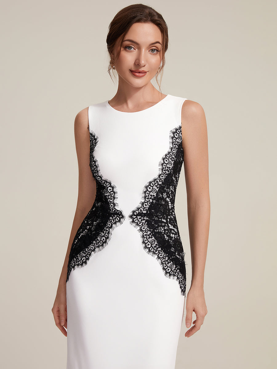 Robe maxi moulante sans bretelles en jersey extensible avec col rond et dentelle à frange #Couleur_Noir d'ivoire