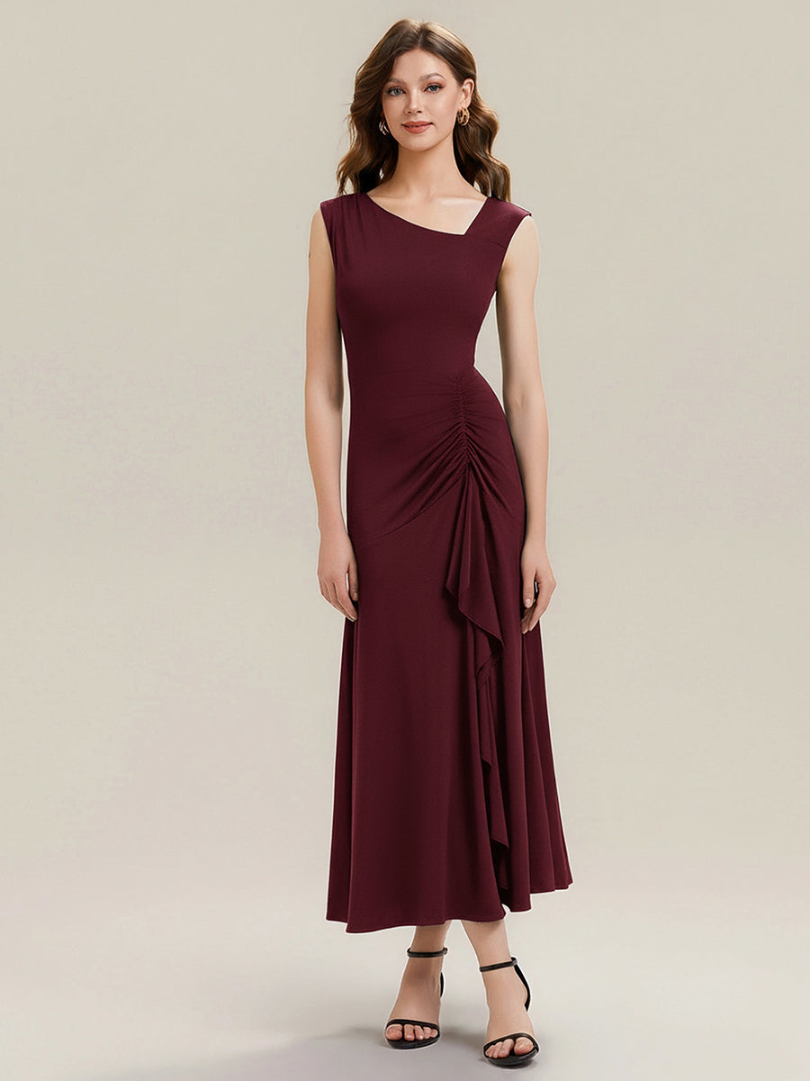 Robe maxi sirène asymétrique sans bretelles avec volants et haute élasticité #Couleur_Bordeaux